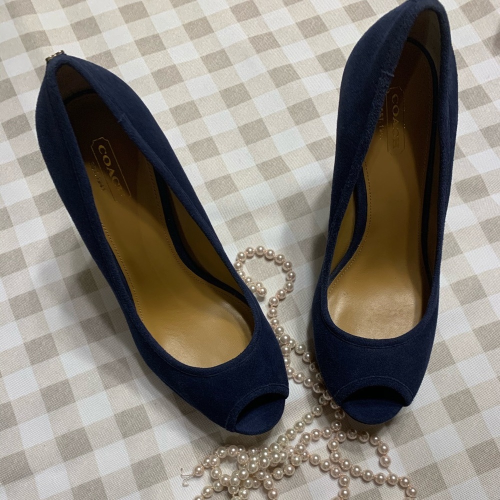 Coach Navy Suede Platform Peep-Toe Pumps - Picture 2 of 7